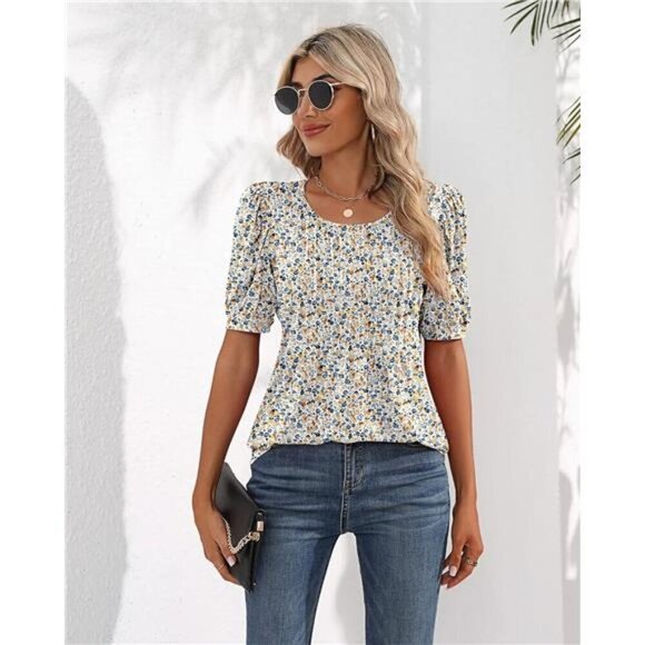 Women's Puff Short Sleeve Tunic Tops Pleated Crew Neck Blouses Casual Loose - Picture 5 of 7